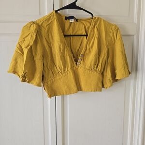 Yellow V-Neck Buttoned Women's Top